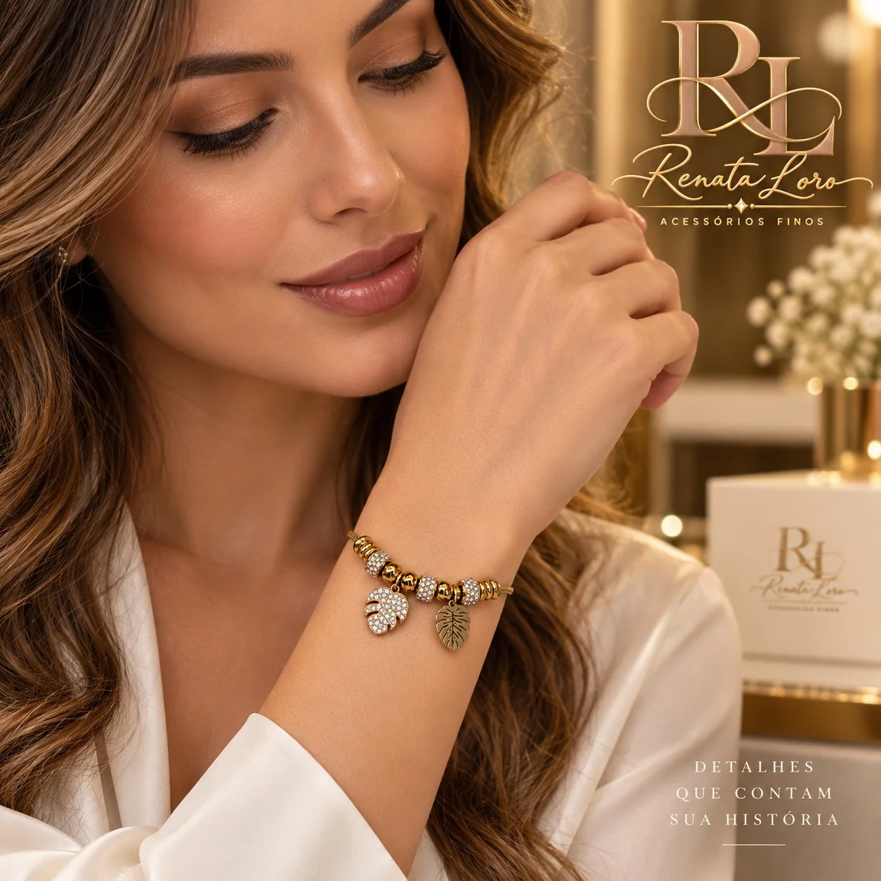 PUL0076 - Pulseira Dourada em Aço Inoxidável Folha Tropical com strass - foto 2