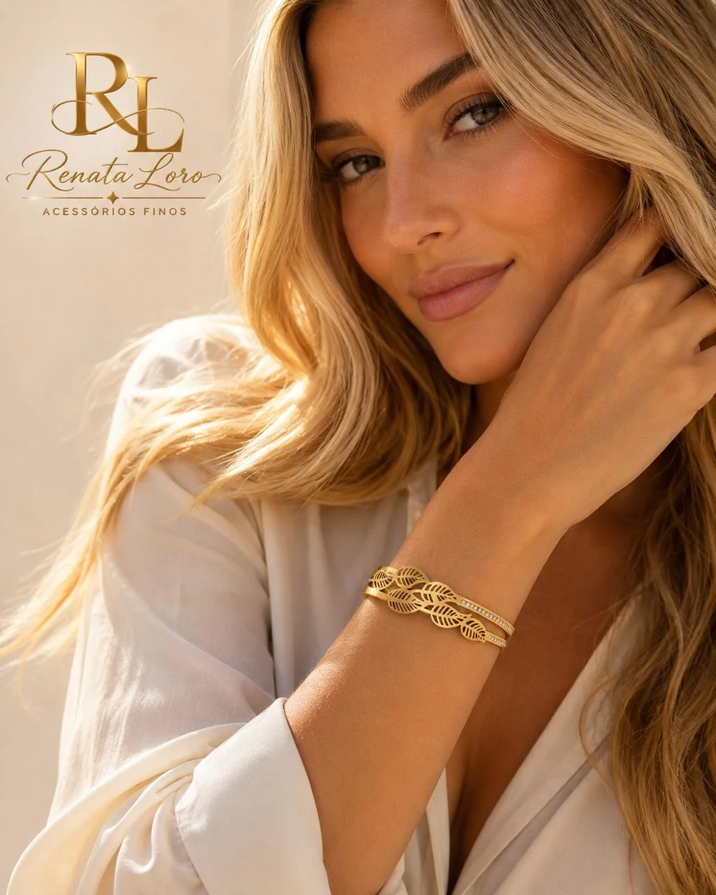 PUL0105 - Bracelete Folhas em Aço Dourado com Strass - foto 2