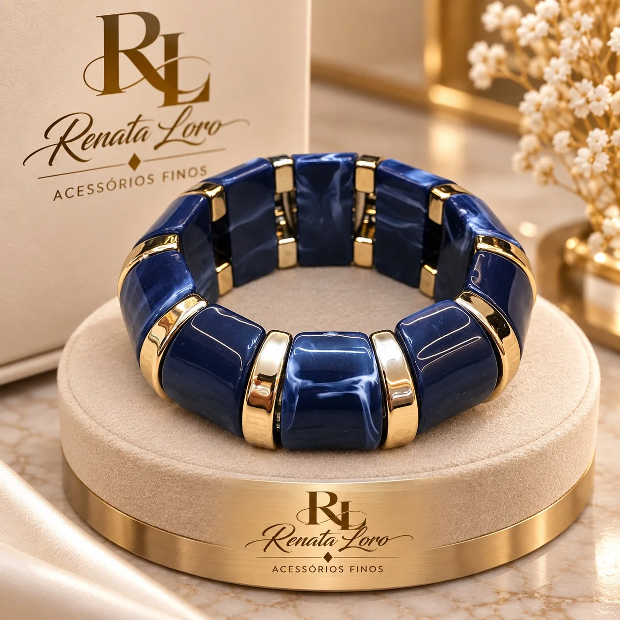 PUL0016 - Pulseira Elástica Azul Marinho com Detalhes Dourados