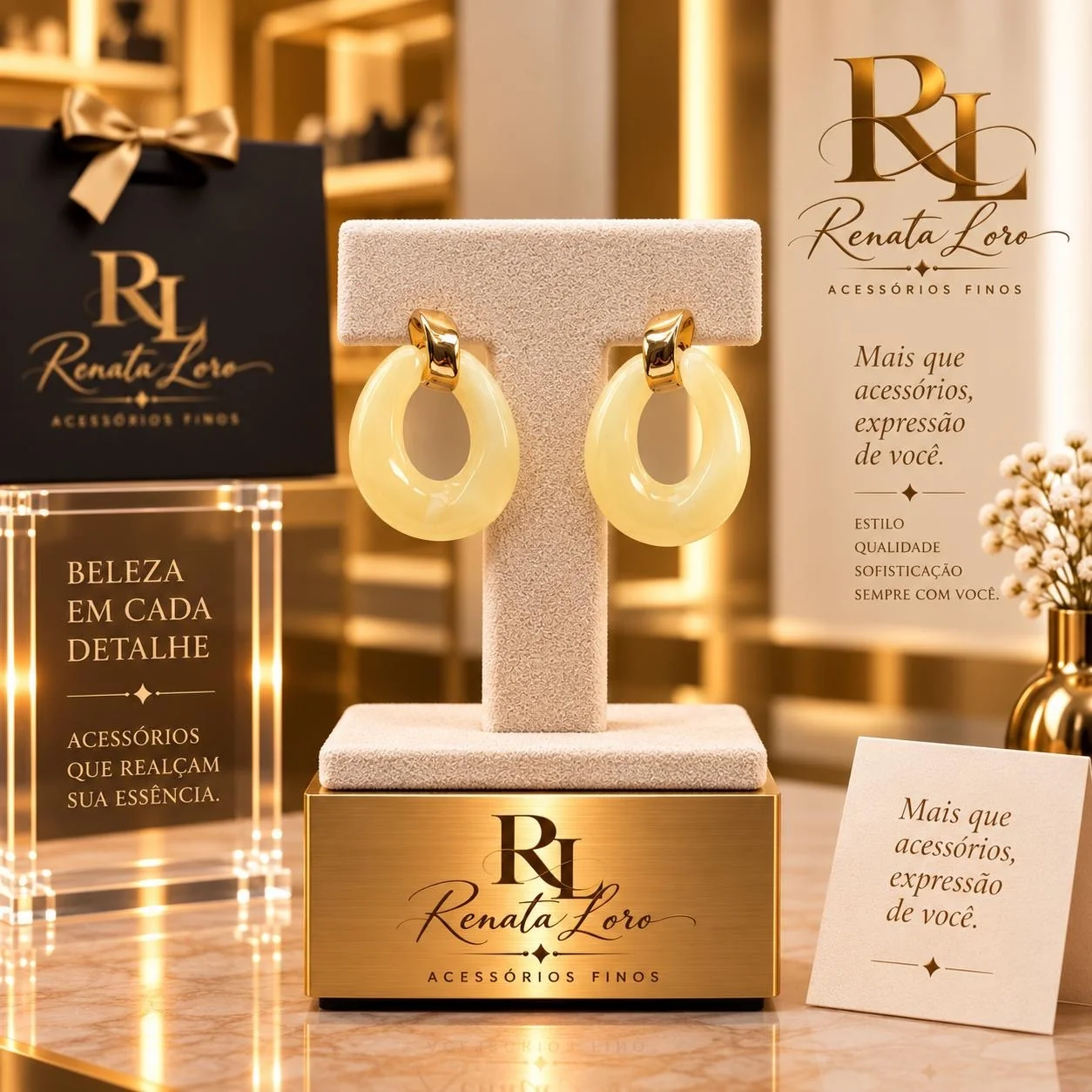 BRI0030 - Brinco Argola Creme Dourado Em Resina