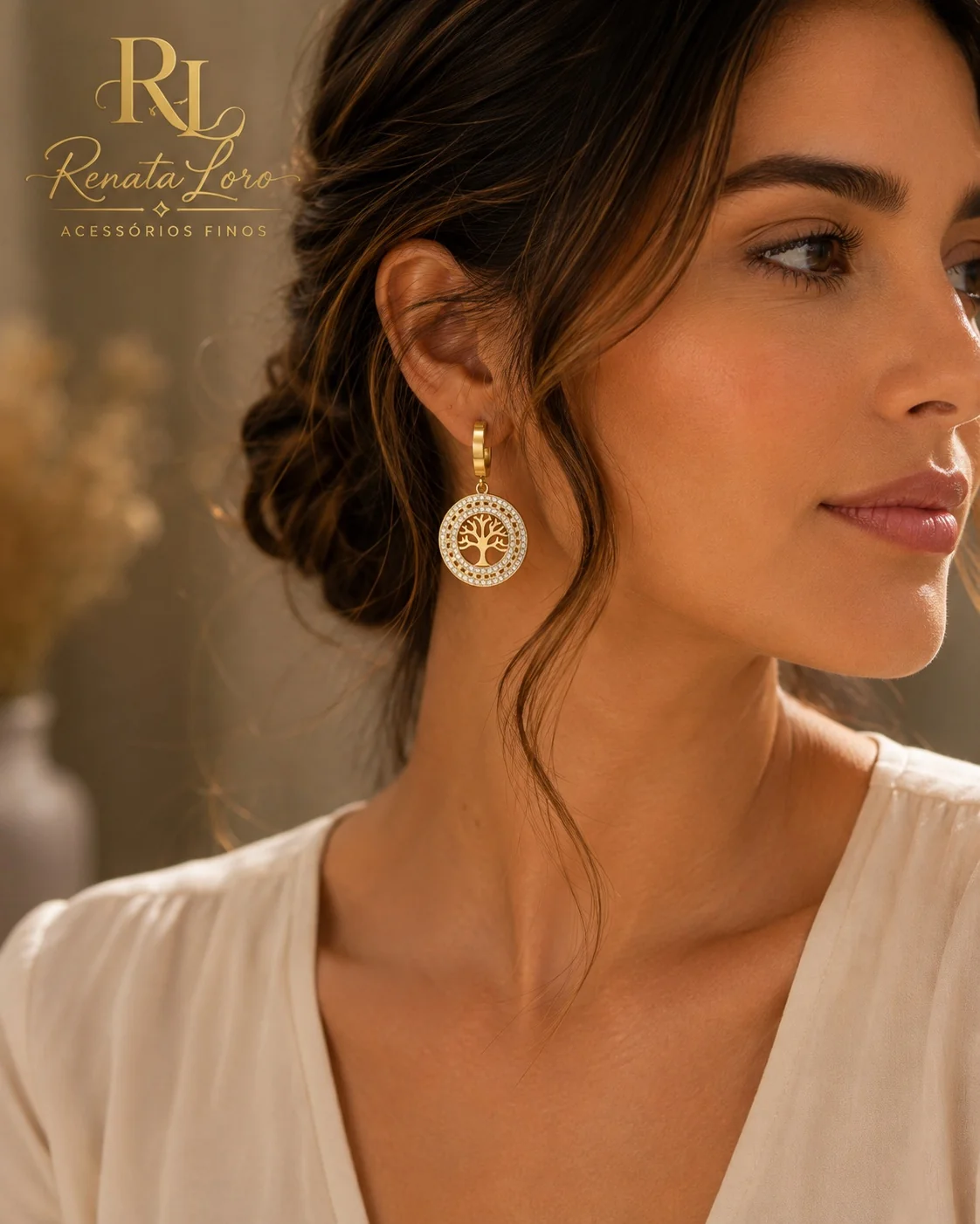 BRI0029 - Brinco em Aço Dourado Árvore da Vida com Strass - foto 2