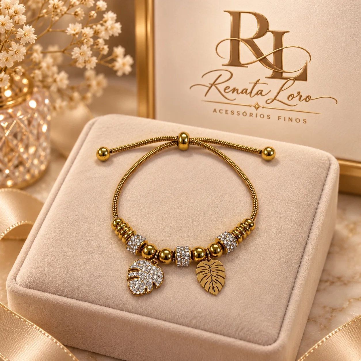 PUL0076 - Pulseira Dourada em Aço Inoxidável Folha Tropical com strass