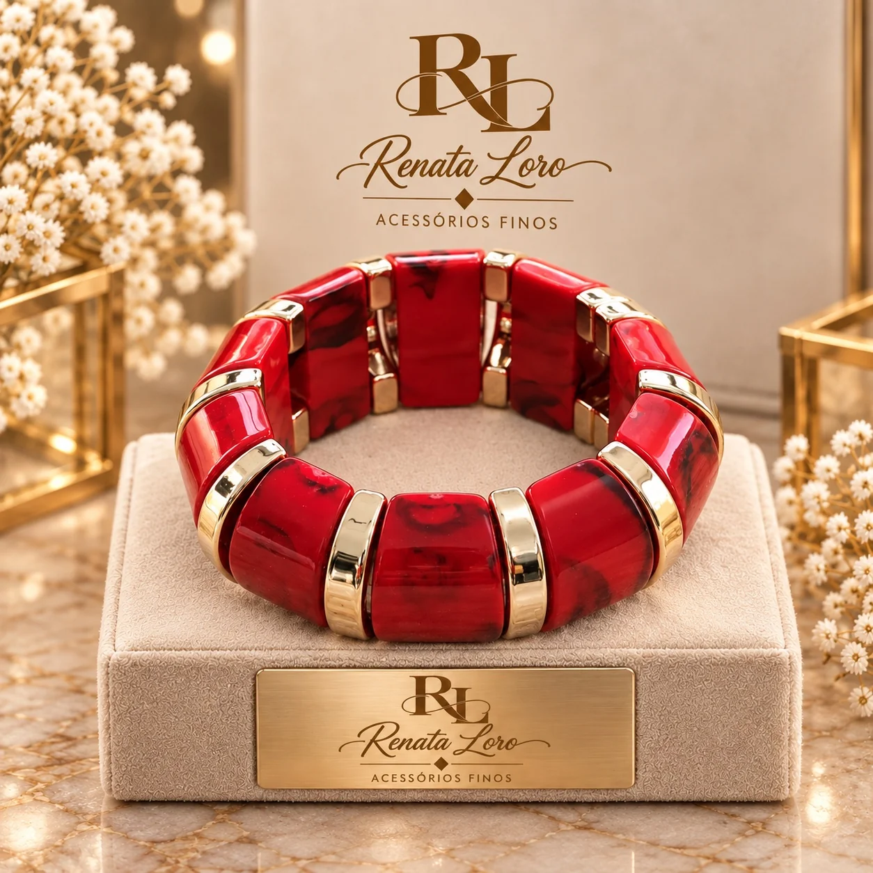PUL0073 - Pulseira Elástica Vermelha  com Detalhes Dourados