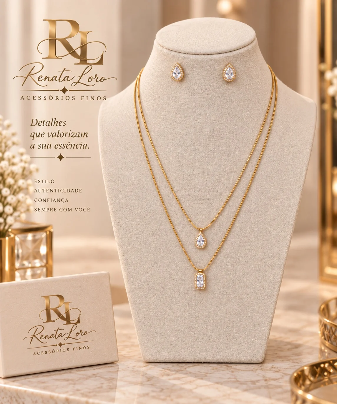 CON0013 - Conjunto Duplo com Zircônias Dourado