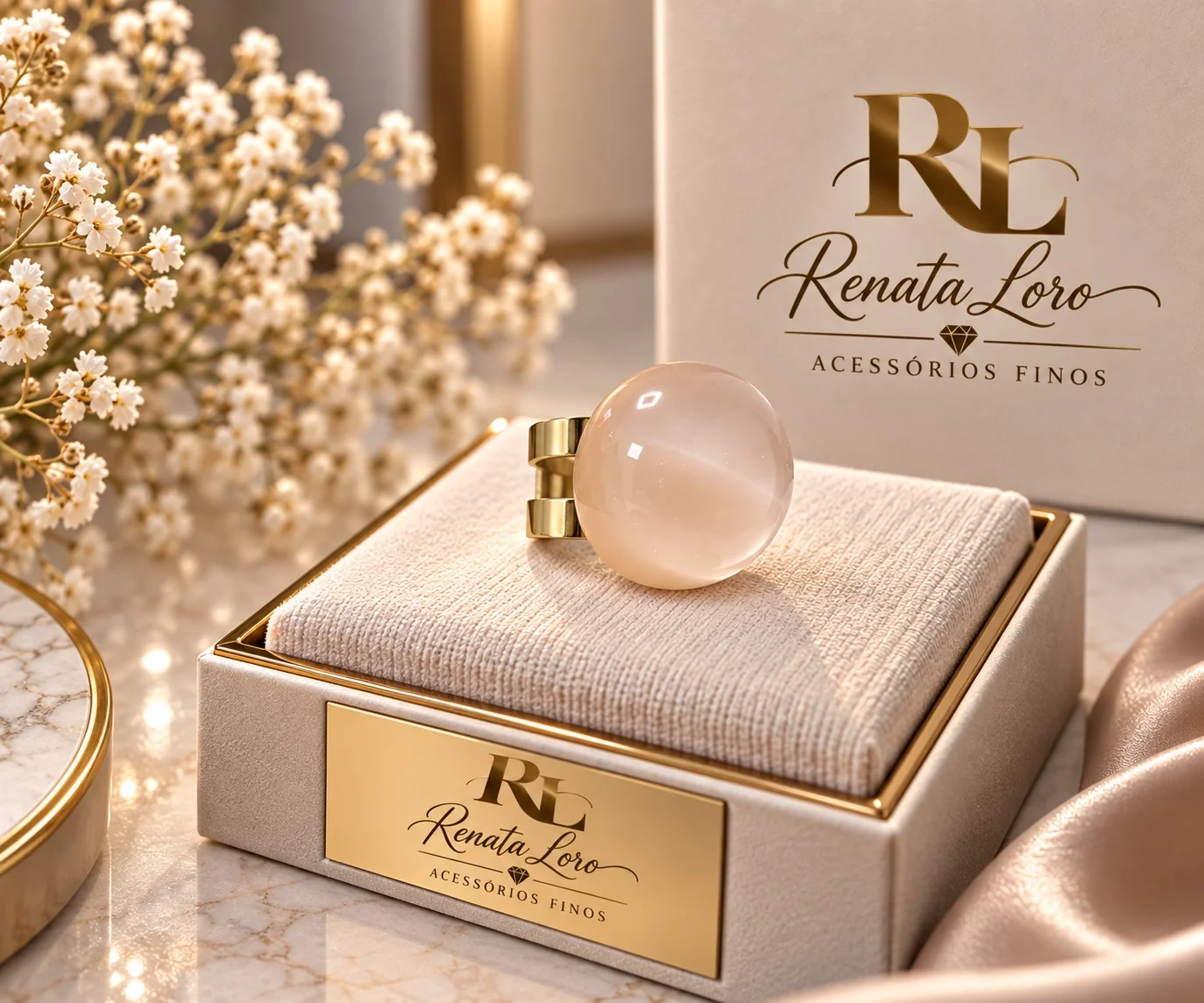 ANE0008 - Anel em Resina Rosa com Aro Dourado Ajustável