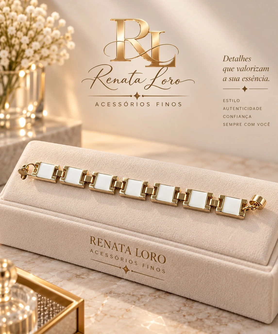 PUL0079 - Pulseira Elos Dourados com Detalhes em Branco