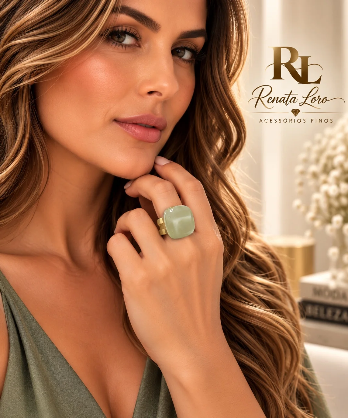 ANE0010 - Anel Pedra Resina na cor Fendi com aro dourado vazado ajustável - foto 2