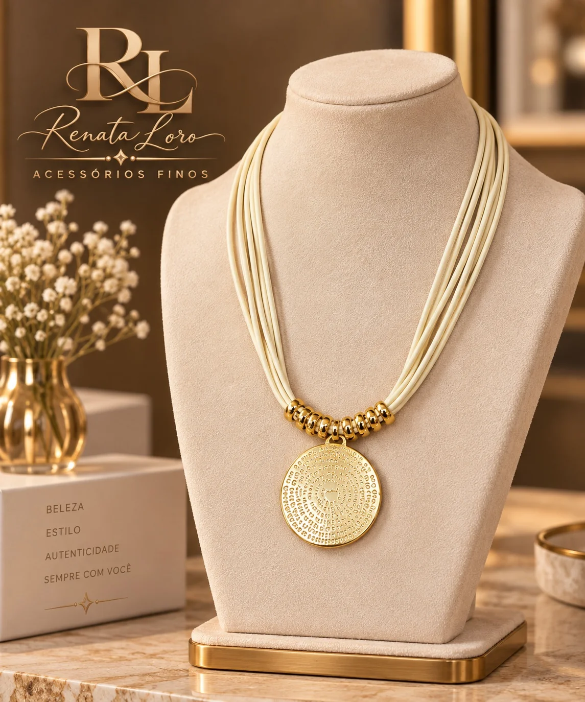 COL0034 - Colar Medalha Pai Nosso Dourada com Cordão Creme Multifios