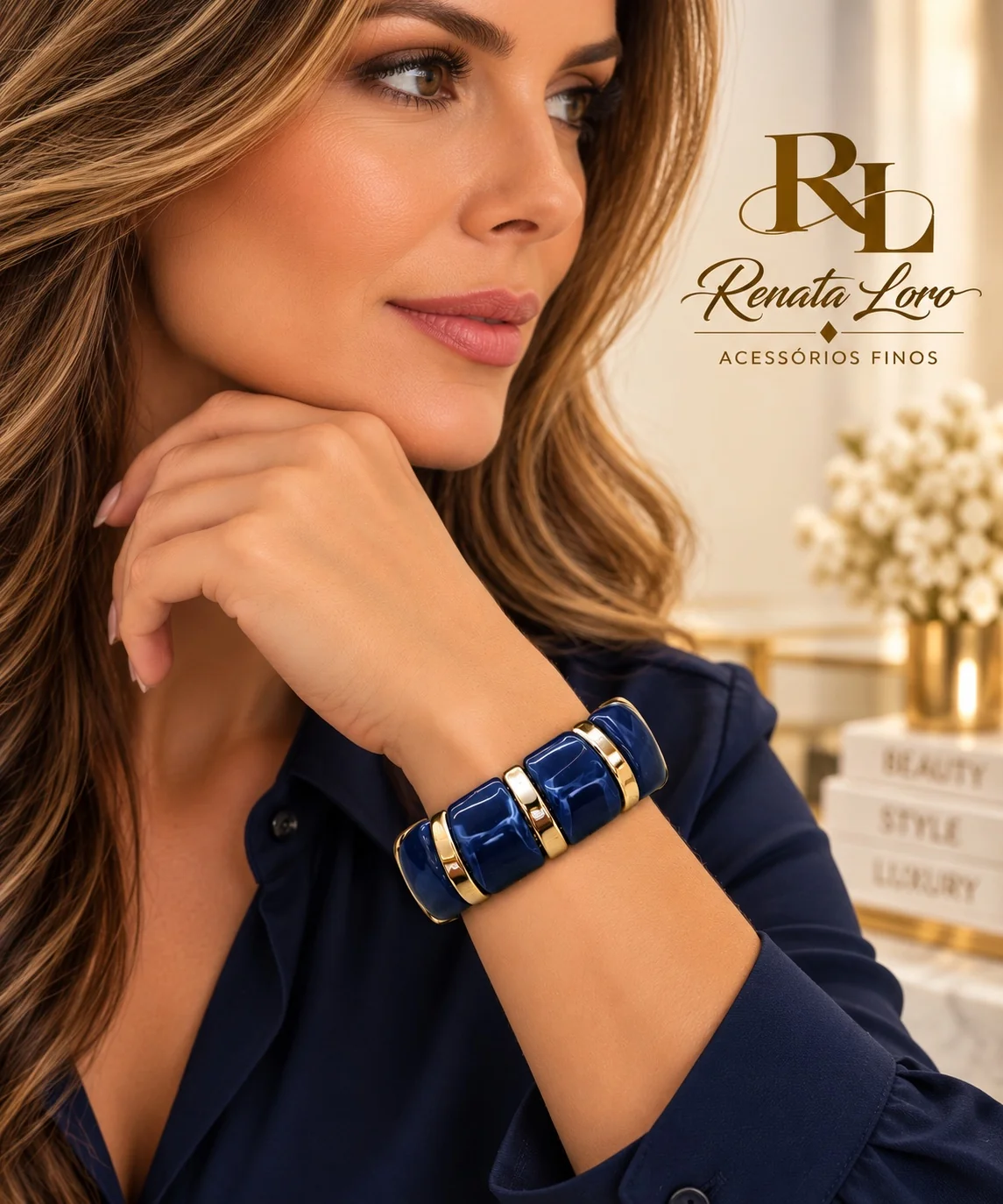 PUL0016 - Pulseira Elástica Azul Marinho com Detalhes Dourados - foto 2