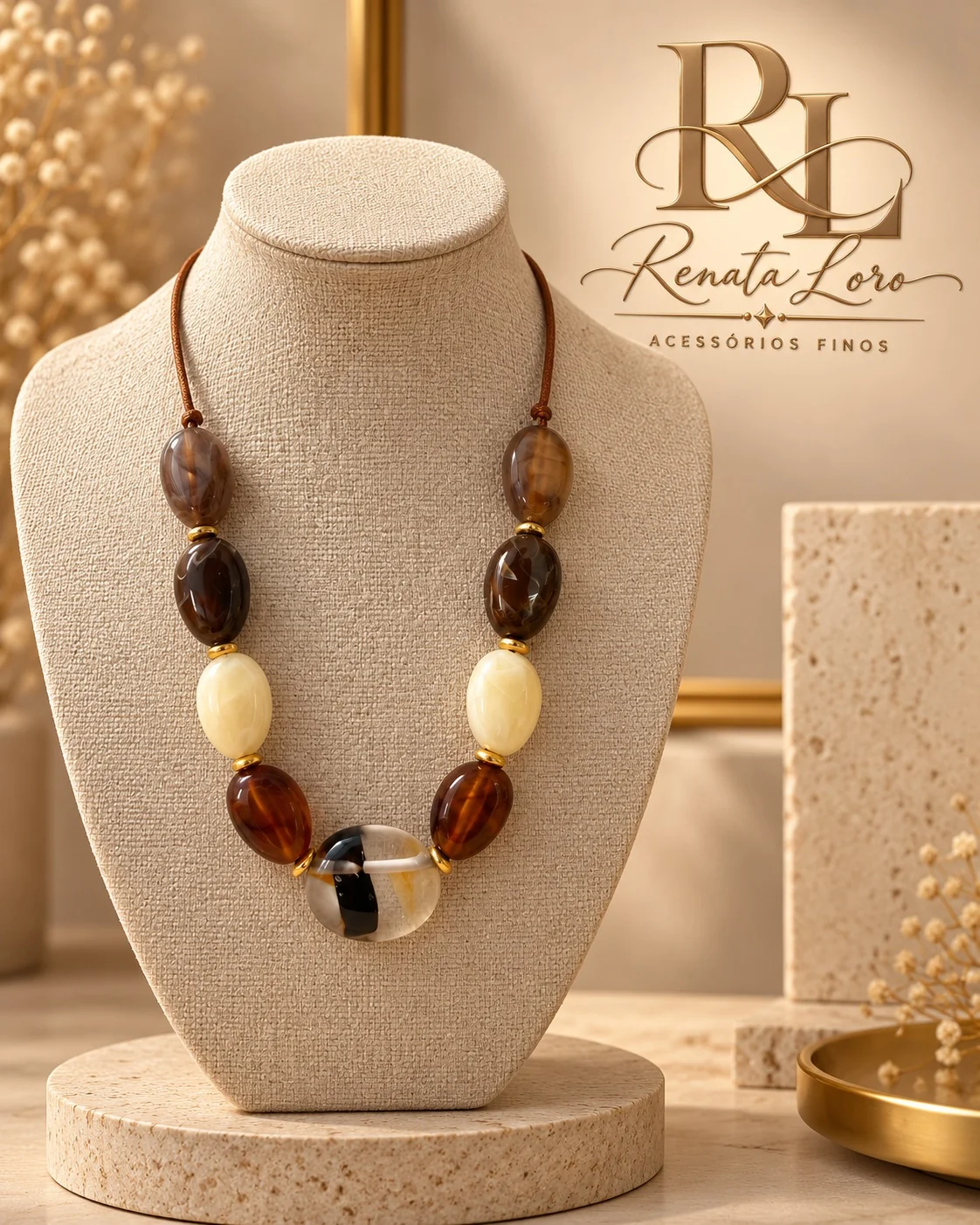 Colar Pedras Naturais Boho Tons Terra e Marfim