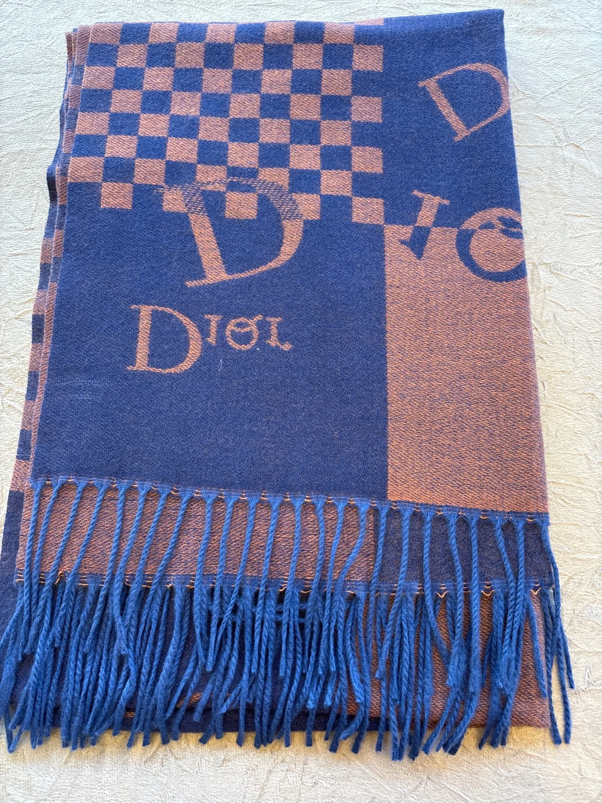 LEN0030 - Pashimina Inspiração na cor Azul marinho e Cobre com Franjas