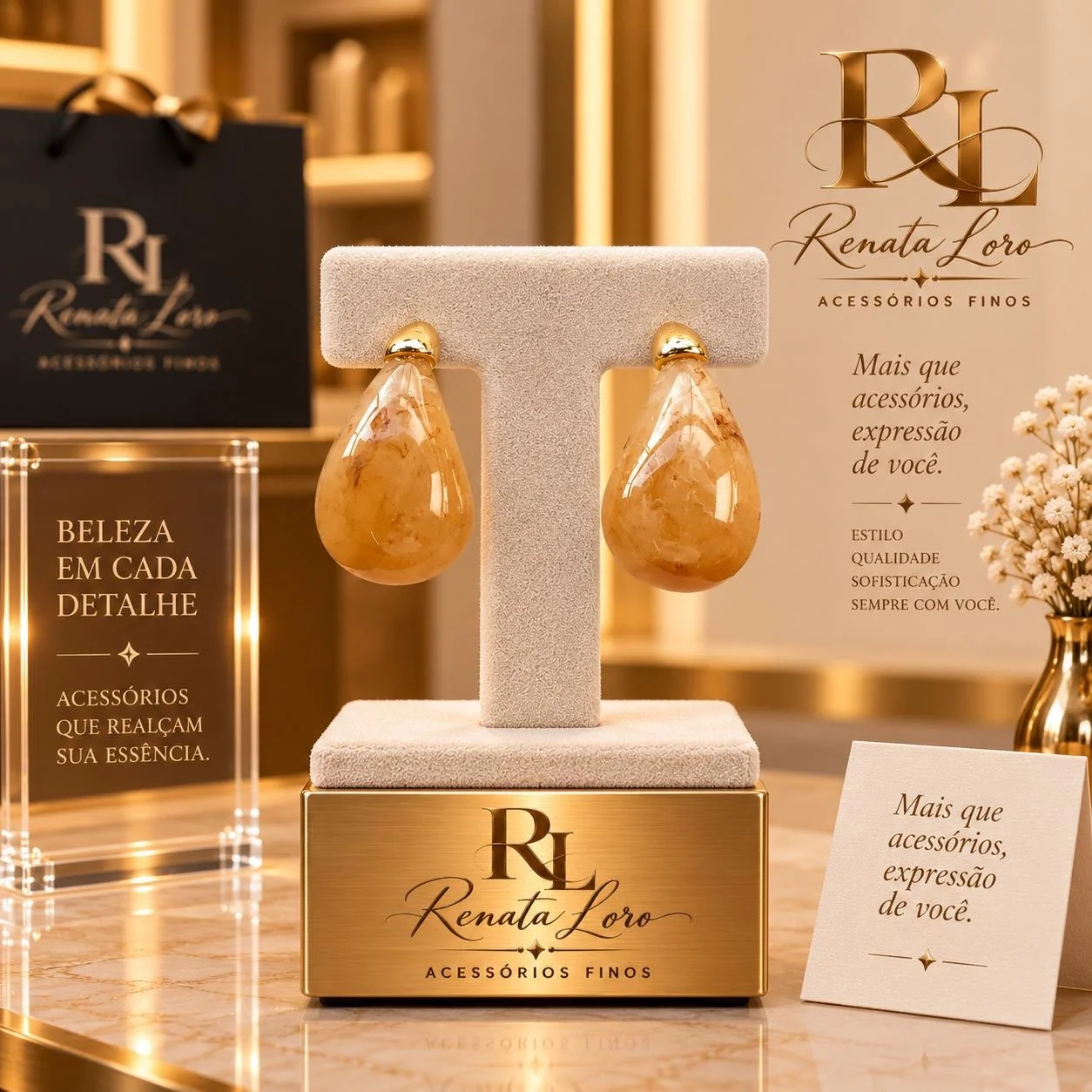 BRI0039 - Brinco Gota em Resina na cor Caramelo Dourado