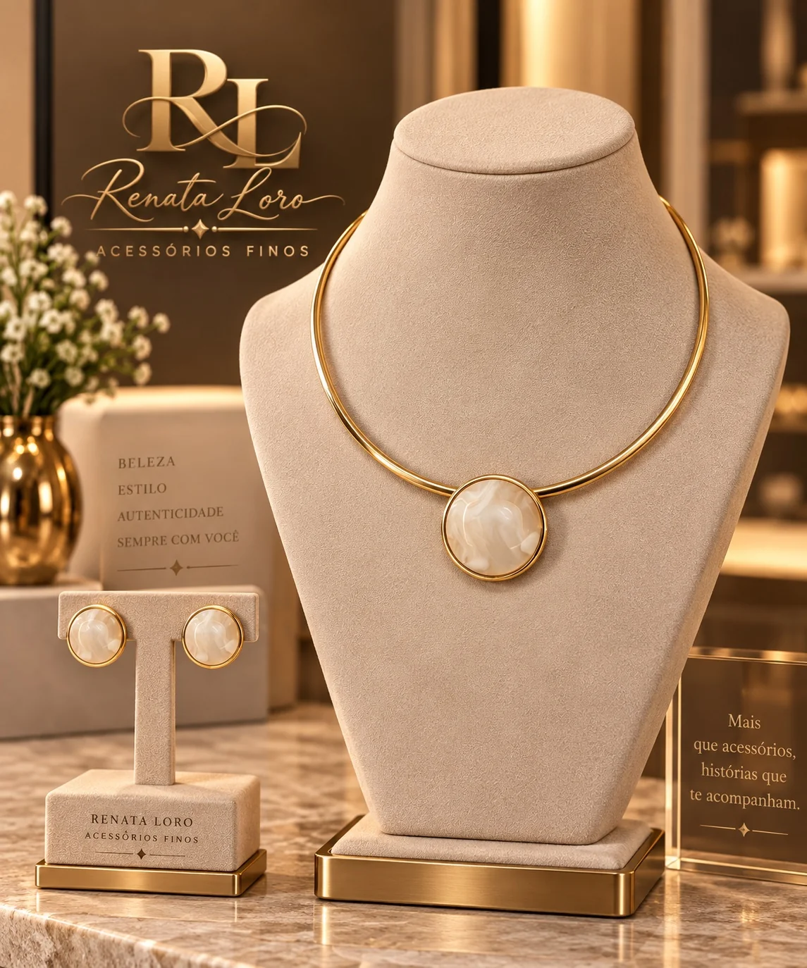 CON0011 - Conjunto Aro Dourado com pingente em resina off-white mesclada