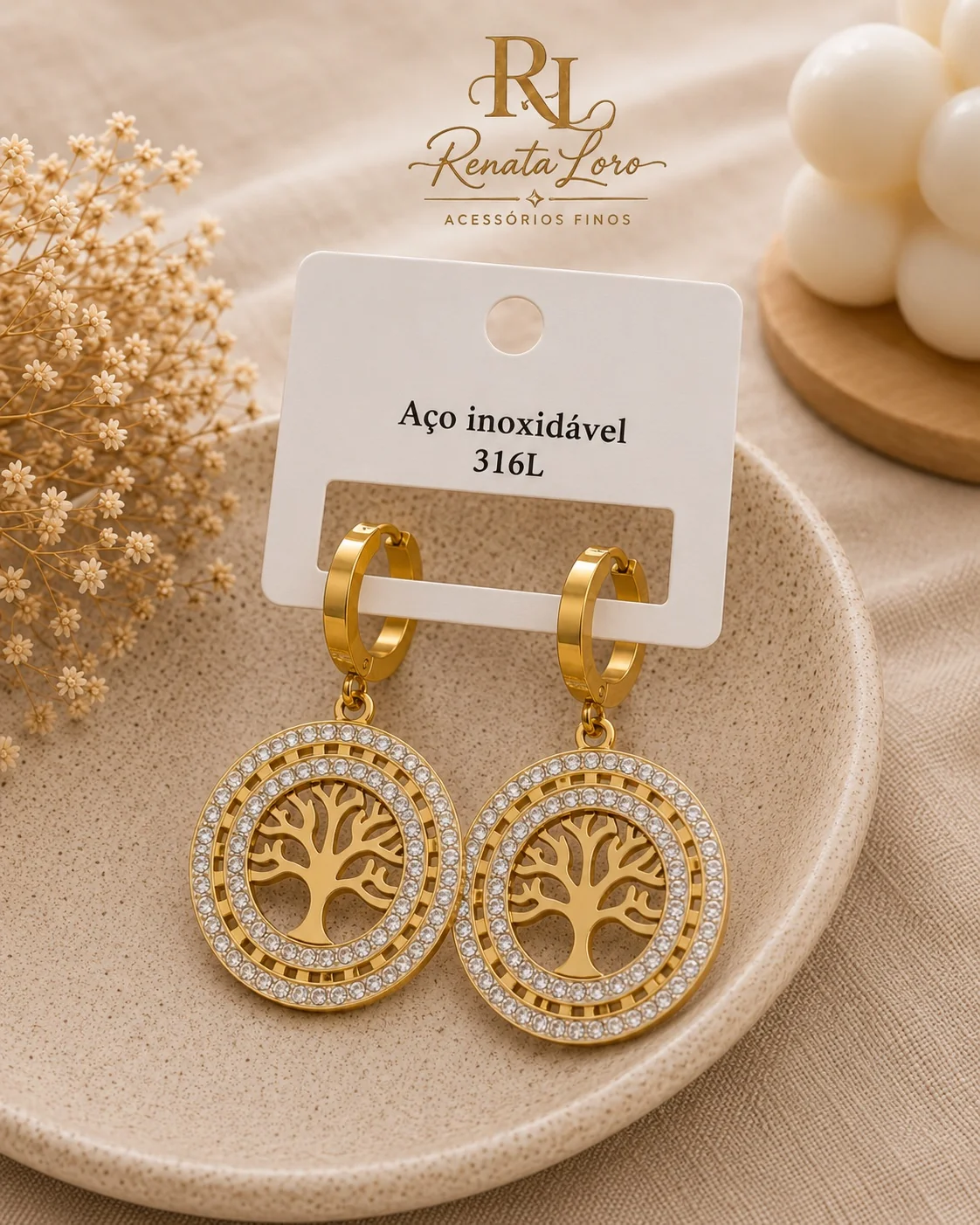 BRI0029 - Brinco em Aço Dourado Árvore da Vida com Strass