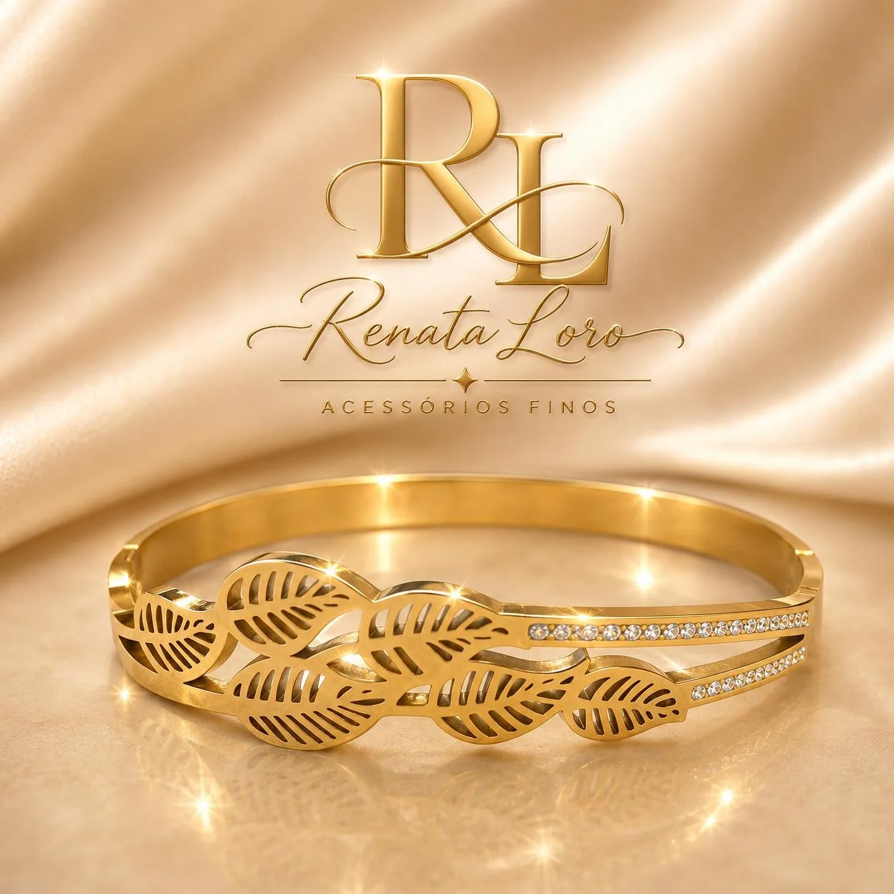 PUL0105 - Bracelete Folhas em Aço Dourado com Strass