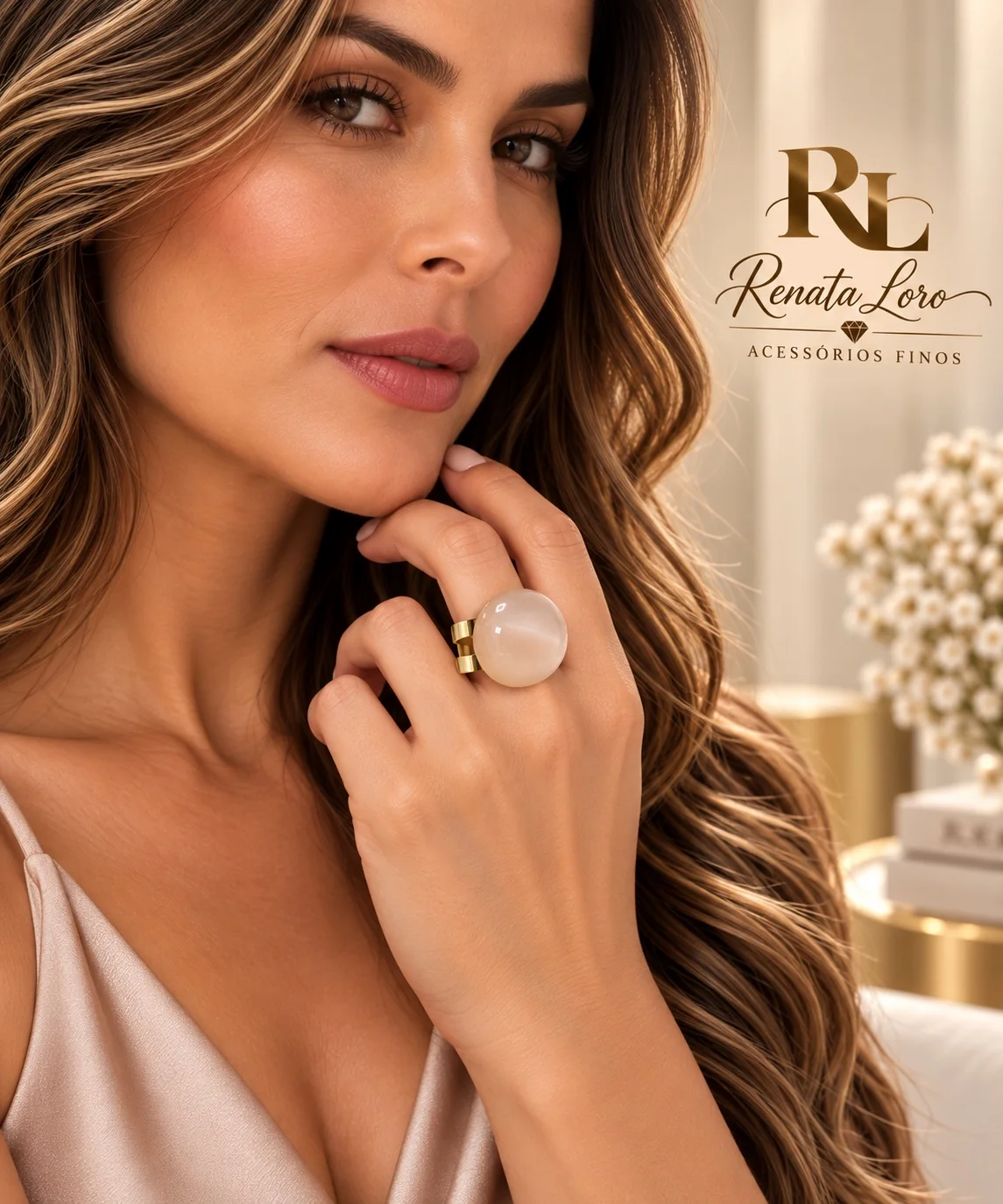 ANE0008 - Anel em Resina Rosa com Aro Dourado Ajustável - foto 2