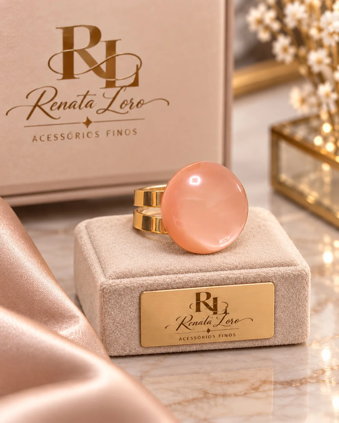 ANE0009 - Anel Em Resina Rosa Antigo com Aro Dourado Vazado Ajustável
