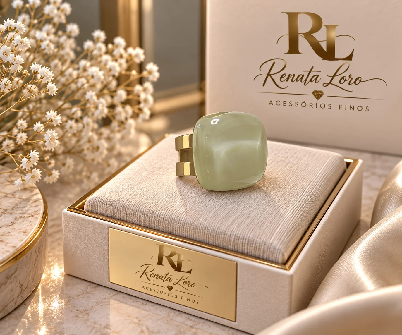 ANE0010 - Anel Pedra Resina na cor Fendi com aro dourado vazado ajustável