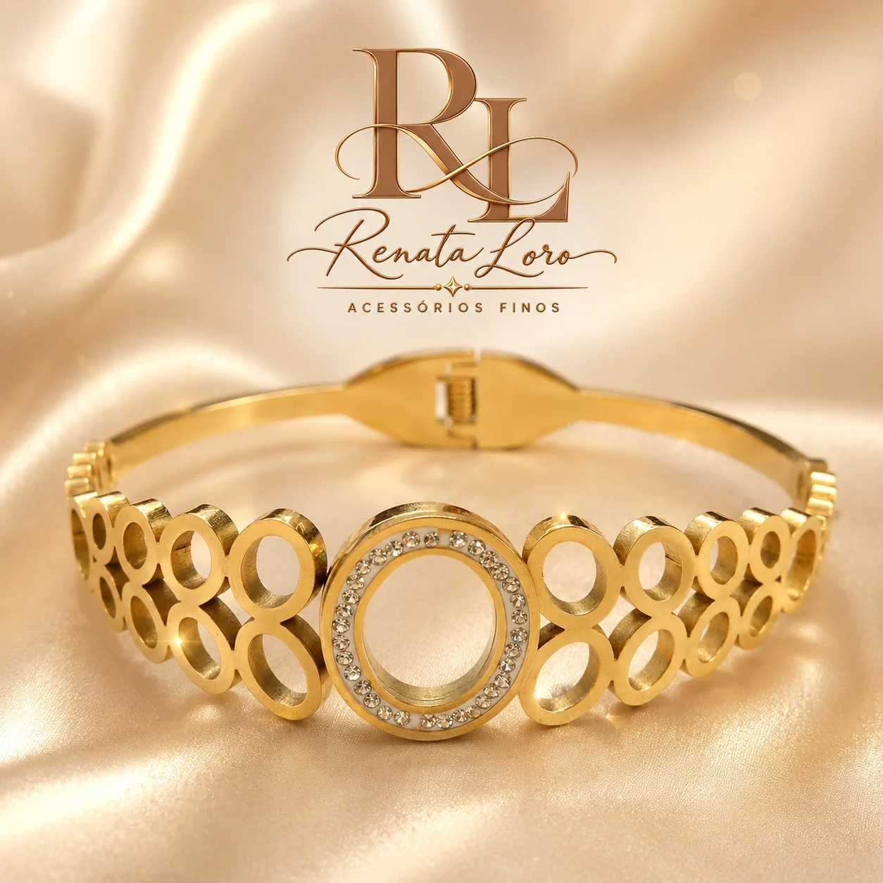 PUL0092 - Pulseira Dourada Círculos com strass