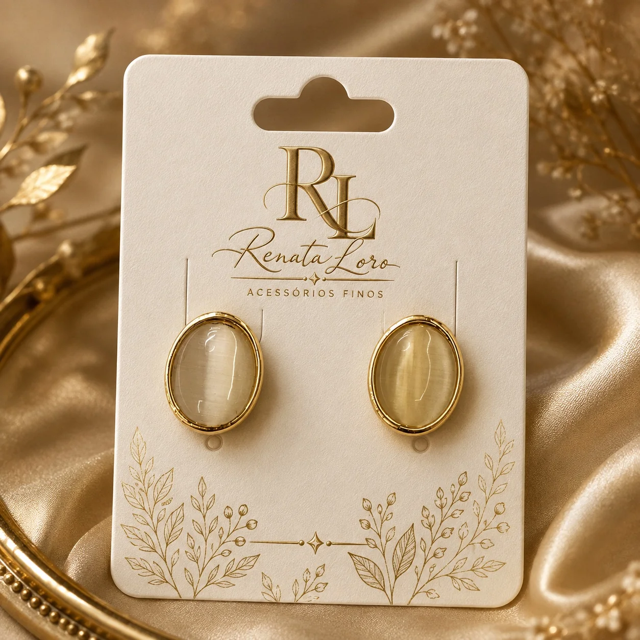 BRI0007 - Brinco Oval Olho de Gato com acabamento dourado