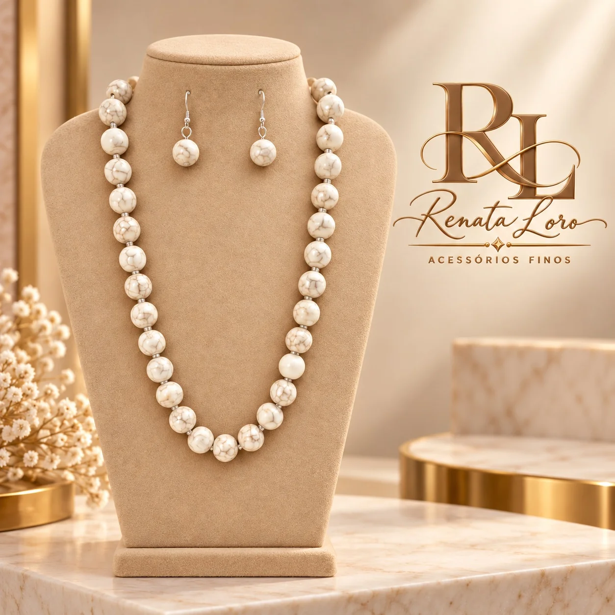 CON0012 - Conjunto Pedra Natural Howlita Branca