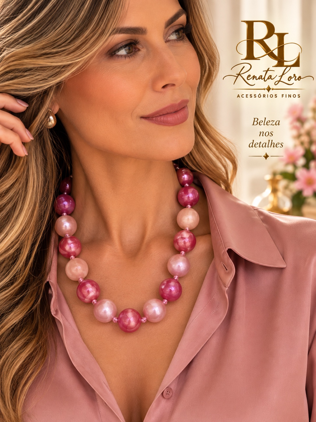 COL0007 - Colar em Resina Rosa com Corrente Dourada - foto 2