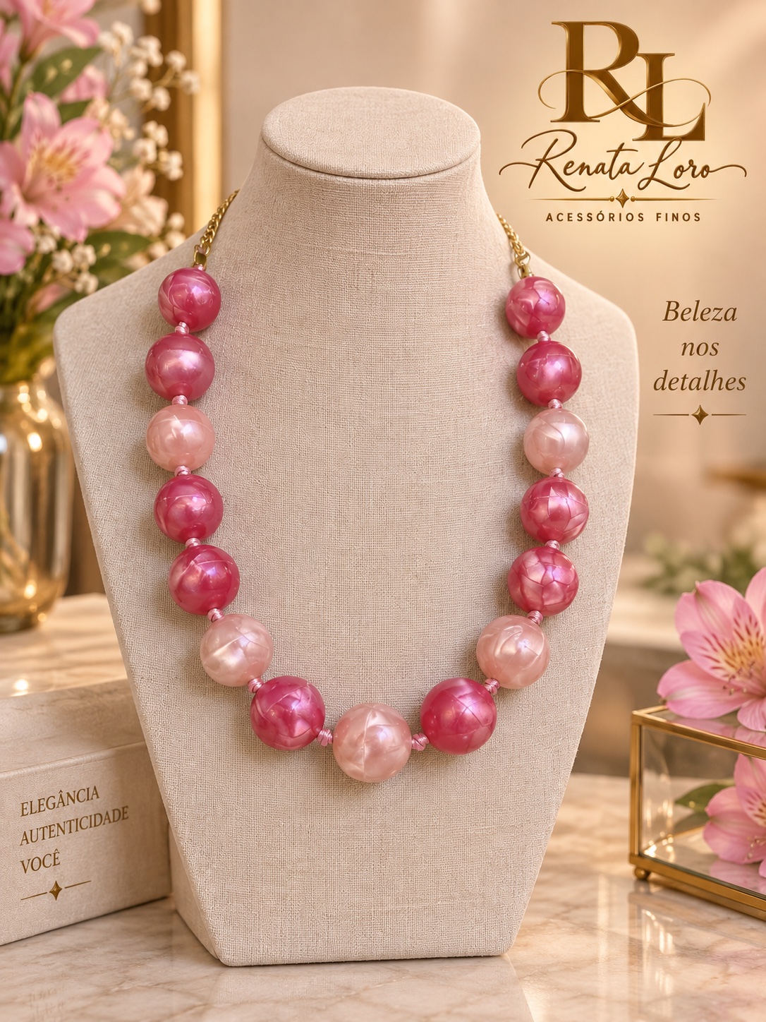COL0007 - Colar em Resina Rosa com Corrente Dourada