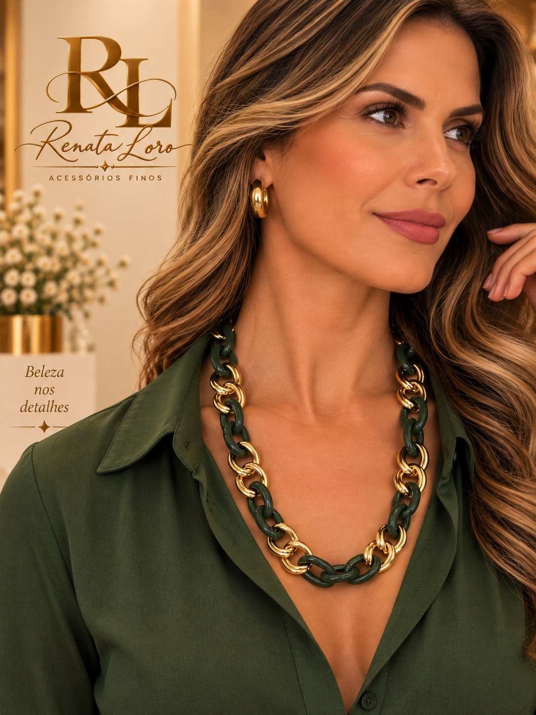 COL0038 - Colar Elos em Resina Verde Escuro e Dourado - foto 2