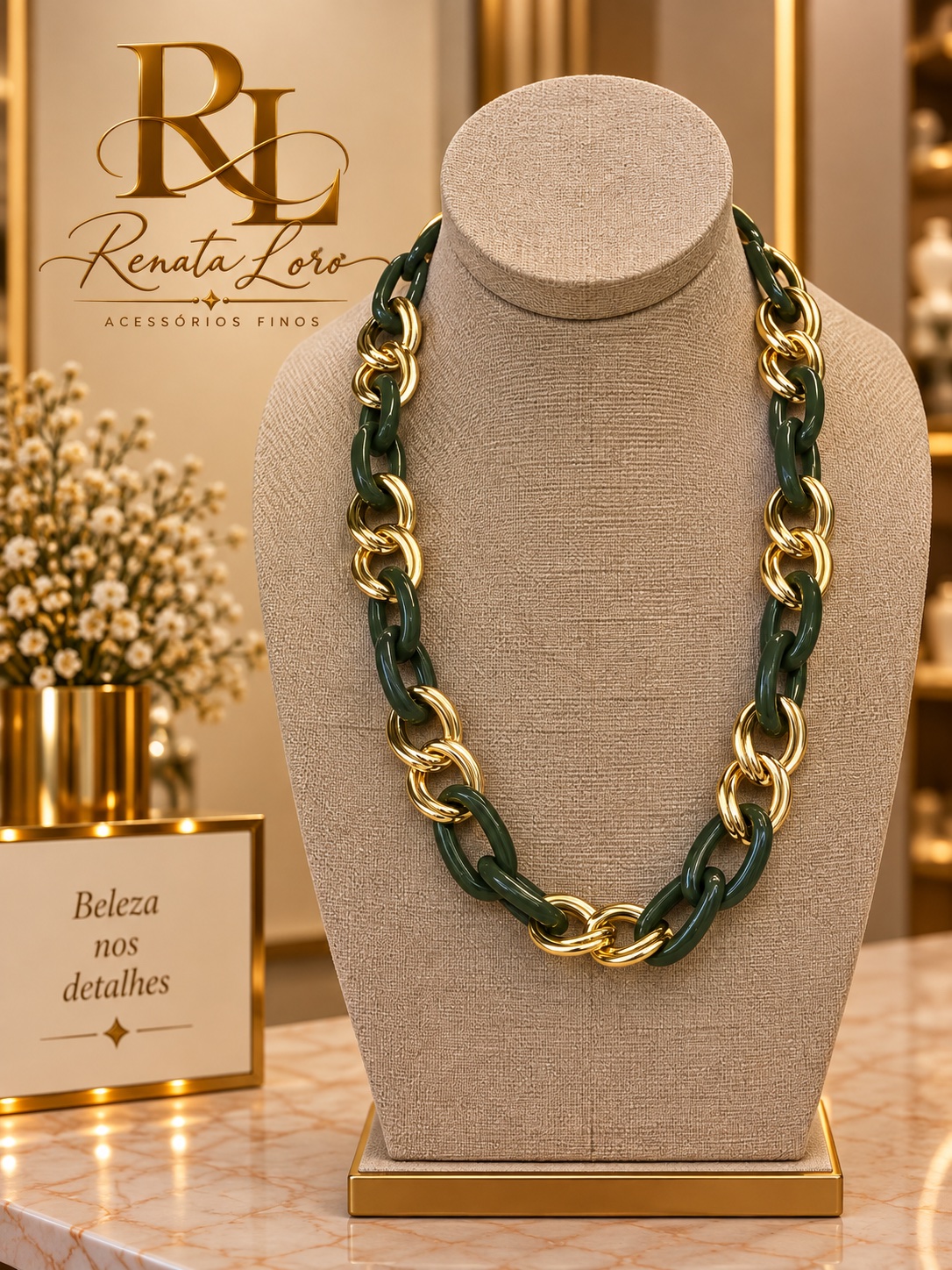 COL0038 - Colar Elos em Resina Verde Escuro e Dourado
