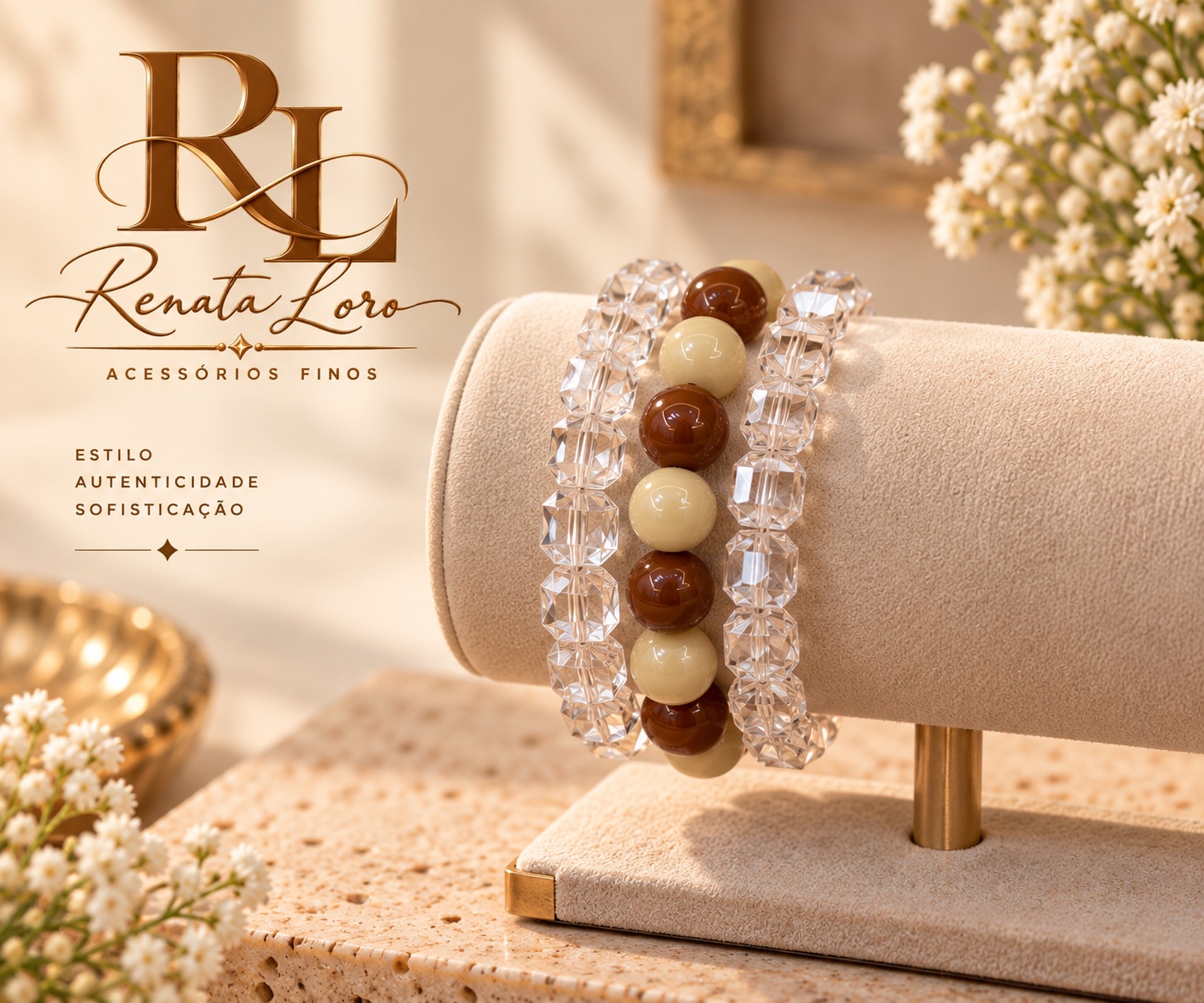 PUL0072 - Mix de Pulseiras Bege/Marrom e Contas Geométricas Transparentes