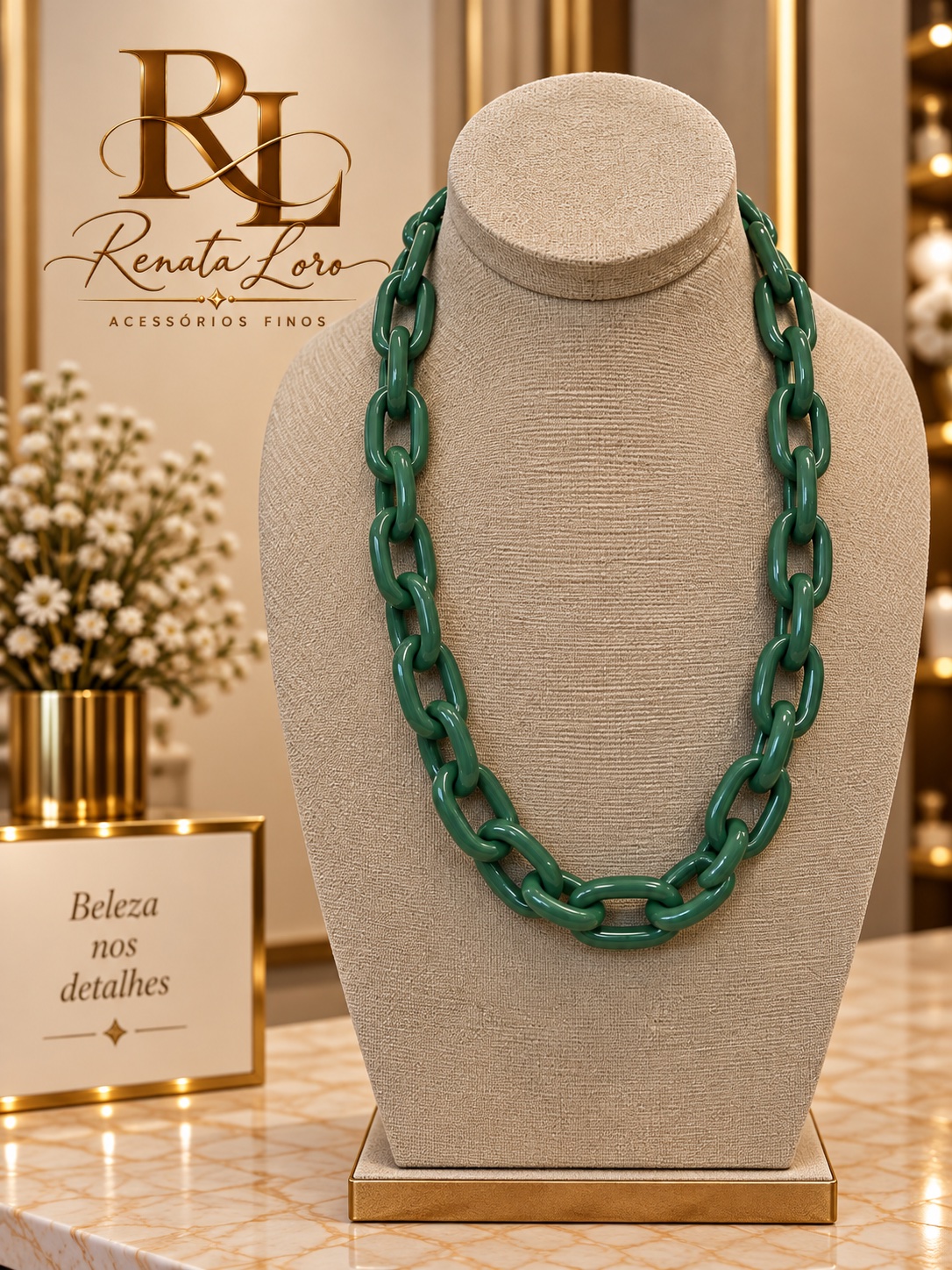 COL0039 - Colar Elos em Resina Verde Militar  Maxi