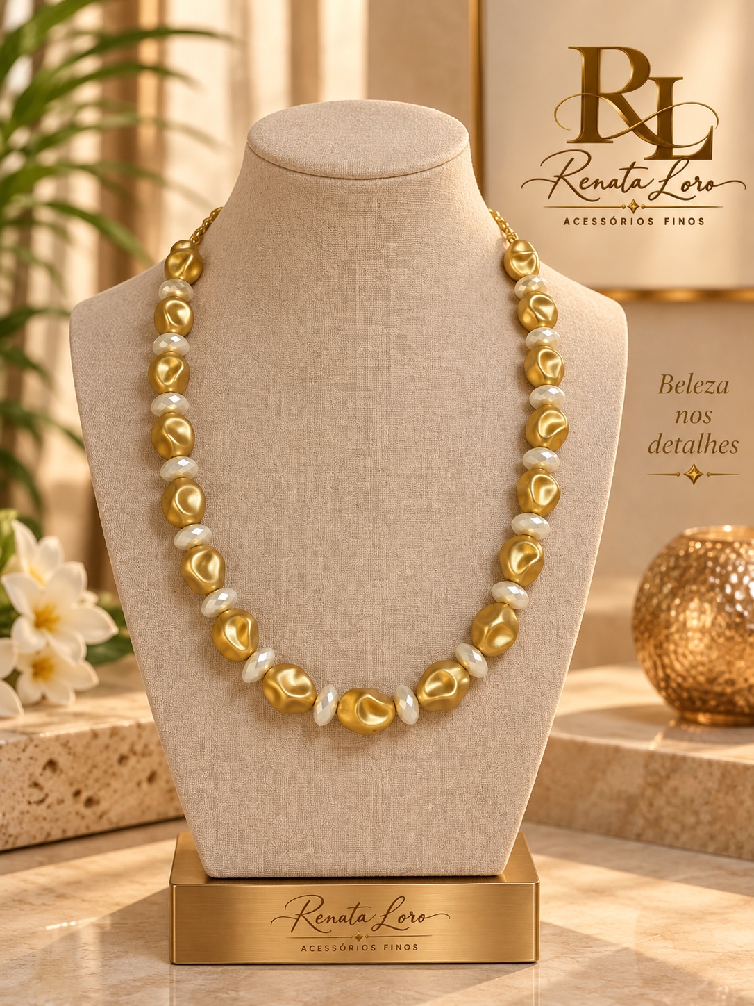 COL0011 - Colar Resina dourado com entremeios perolados