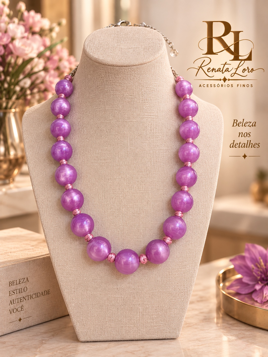 COL0006 - Colar de Resina Rosa com Corrente Prateada