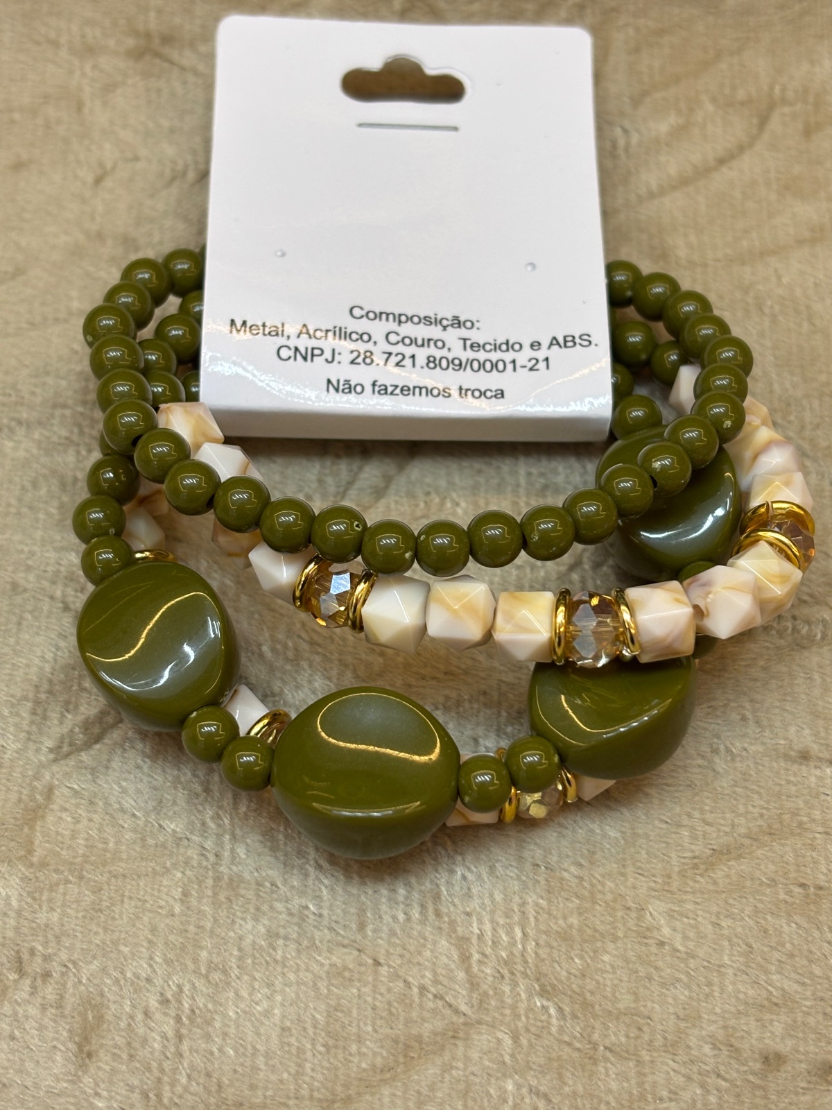 PUL0067 - Kit Pulseiras Verde Oliva com Cristais e Pedras em Resina