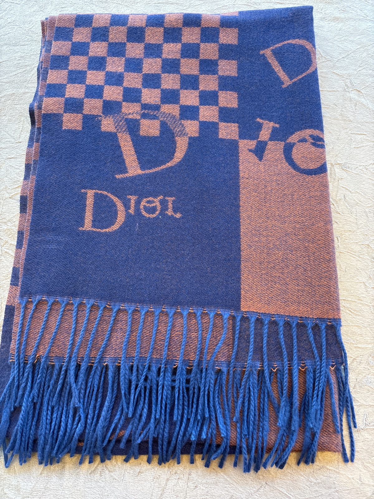 LEN0030 - Pashimina Inspiração na cor Azul marinho e Cobre com Franjas